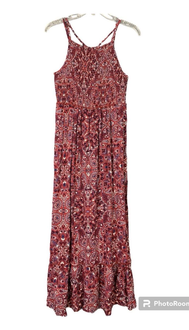Knox Rose Red Floral Sundress Smocked Bodice Criss Cross Straps Women’s L